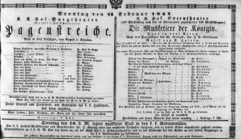 Theaterzettel (Oper und Burgtheater in Wien) 18470214 Seite: 1