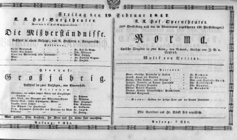 Theaterzettel (Oper und Burgtheater in Wien) 18470219 Seite: 1