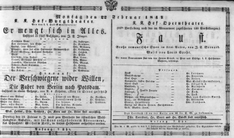 Theaterzettel (Oper und Burgtheater in Wien) 18470222 Seite: 1