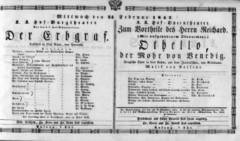 Theaterzettel (Oper und Burgtheater in Wien) 18470224 Seite: 1