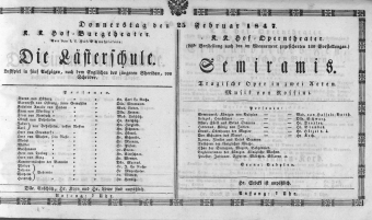 Theaterzettel (Oper und Burgtheater in Wien) 18470225 Seite: 1
