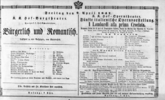 Theaterzettel (Oper und Burgtheater in Wien) 18470409 Seite: 1