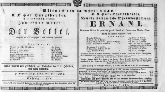 Theaterzettel (Oper und Burgtheater in Wien) 18470414 Seite: 1