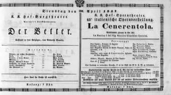 Theaterzettel (Oper und Burgtheater in Wien) 18470420 Seite: 1