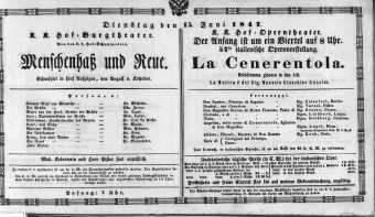 Theaterzettel (Oper und Burgtheater in Wien) 18470615 Seite: 1