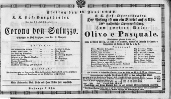 Theaterzettel (Oper und Burgtheater in Wien) 18470618 Seite: 1