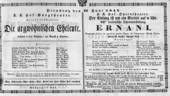 Theaterzettel (Oper und Burgtheater in Wien) 18470622 Seite: 1