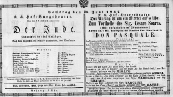 Theaterzettel (Oper und Burgtheater in Wien) 18470626 Seite: 1