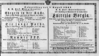 Theaterzettel (Oper und Burgtheater in Wien) 18470805 Seite: 1