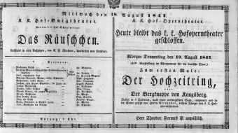 Theaterzettel (Oper und Burgtheater in Wien) 18470818 Seite: 1