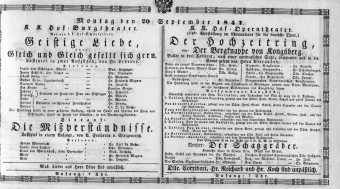 Theaterzettel (Oper und Burgtheater in Wien) 18470920 Seite: 1