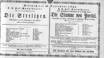 Theaterzettel (Oper und Burgtheater in Wien) 18470922 Seite: 1
