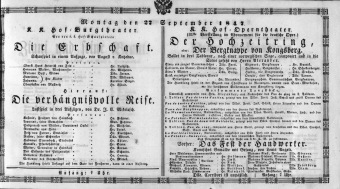Theaterzettel (Oper und Burgtheater in Wien) 18470927 Seite: 1