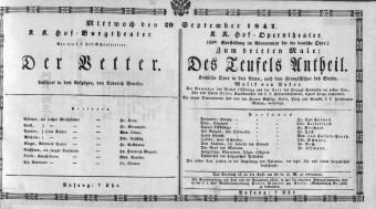 Theaterzettel (Oper und Burgtheater in Wien) 18470929 Seite: 1