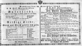 Theaterzettel (Oper und Burgtheater in Wien) 18471113 Seite: 1