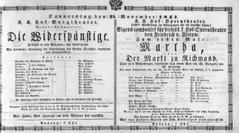 Theaterzettel (Oper und Burgtheater in Wien) 18471125 Seite: 1