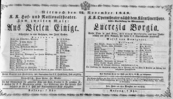 Theaterzettel (Oper und Burgtheater in Wien) 18481122 Seite: 1