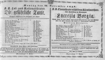 Theaterzettel (Oper und Burgtheater in Wien) 18481127 Seite: 1