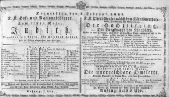 Theaterzettel (Oper und Burgtheater in Wien) 18490201 Seite: 1