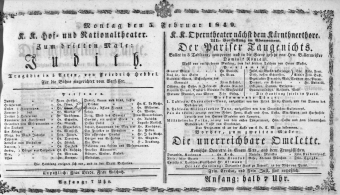 Theaterzettel (Oper und Burgtheater in Wien) 18490205 Seite: 1