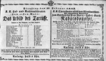 Theaterzettel (Oper und Burgtheater in Wien) 18490213 Seite: 1