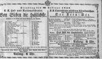Theaterzettel (Oper und Burgtheater in Wien) 18490220 Seite: 1