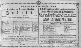 Theaterzettel (Oper und Burgtheater in Wien) 18490331 Seite: 1