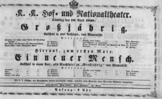 Theaterzettel (Oper und Burgtheater in Wien) 18490410 Seite: 1
