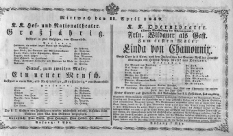Theaterzettel (Oper und Burgtheater in Wien) 18490411 Seite: 1