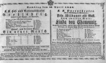 Theaterzettel (Oper und Burgtheater in Wien) 18490414 Seite: 1