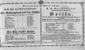 Theaterzettel (Oper und Burgtheater in Wien) 18490416 Seite: 1