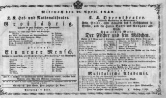 Theaterzettel (Oper und Burgtheater in Wien) 18490418 Seite: 1