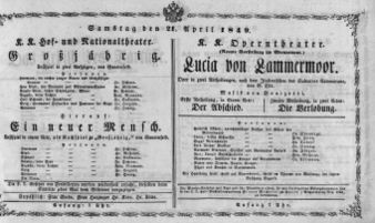 Theaterzettel (Oper und Burgtheater in Wien) 18490421 Seite: 1