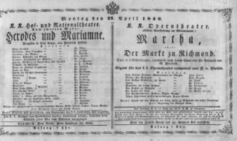 Theaterzettel (Oper und Burgtheater in Wien) 18490423 Seite: 1