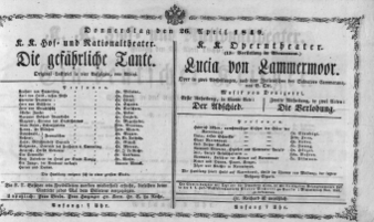Theaterzettel (Oper und Burgtheater in Wien) 18490426 Seite: 1