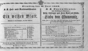Theaterzettel (Oper und Burgtheater in Wien) 18490612 Seite: 1