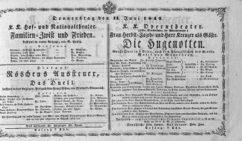 Theaterzettel (Oper und Burgtheater in Wien) 18490614 Seite: 1