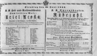 Theaterzettel (Oper und Burgtheater in Wien) 18490619 Seite: 1