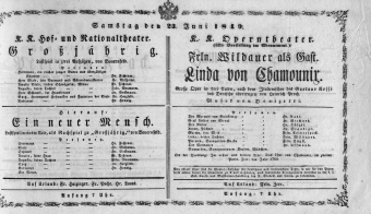 Theaterzettel (Oper und Burgtheater in Wien) 18490623 Seite: 1