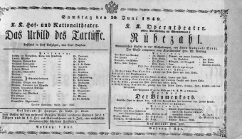 Theaterzettel (Oper und Burgtheater in Wien) 18490630 Seite: 1