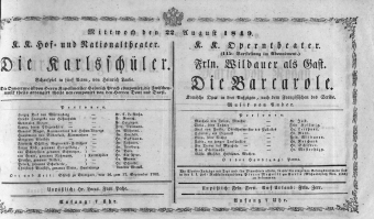 Theaterzettel (Oper und Burgtheater in Wien) 18490822 Seite: 1