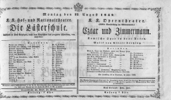 Theaterzettel (Oper und Burgtheater in Wien) 18490827 Seite: 1
