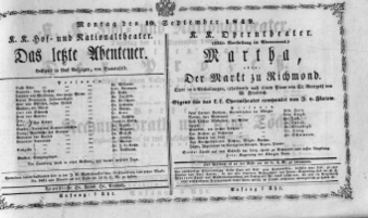 Theaterzettel (Oper und Burgtheater in Wien) 18490910 Seite: 1