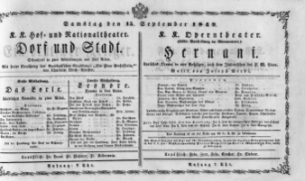 Theaterzettel (Oper und Burgtheater in Wien) 18490915 Seite: 1
