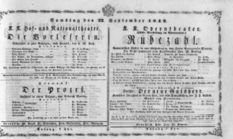 Theaterzettel (Oper und Burgtheater in Wien) 18490922 Seite: 1