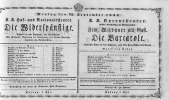 Theaterzettel (Oper und Burgtheater in Wien) 18490924 Seite: 1