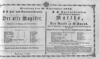 Theaterzettel (Oper und Burgtheater in Wien) 18490925 Seite: 1