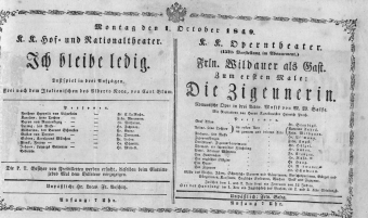 Theaterzettel (Oper und Burgtheater in Wien) 18491001 Seite: 1