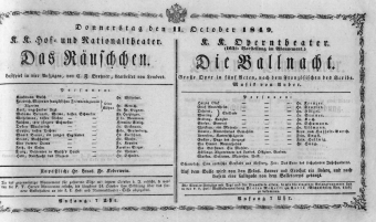 Theaterzettel (Oper und Burgtheater in Wien) 18491011 Seite: 1