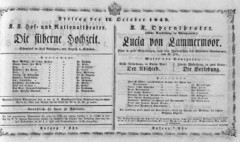Theaterzettel (Oper und Burgtheater in Wien) 18491012 Seite: 1